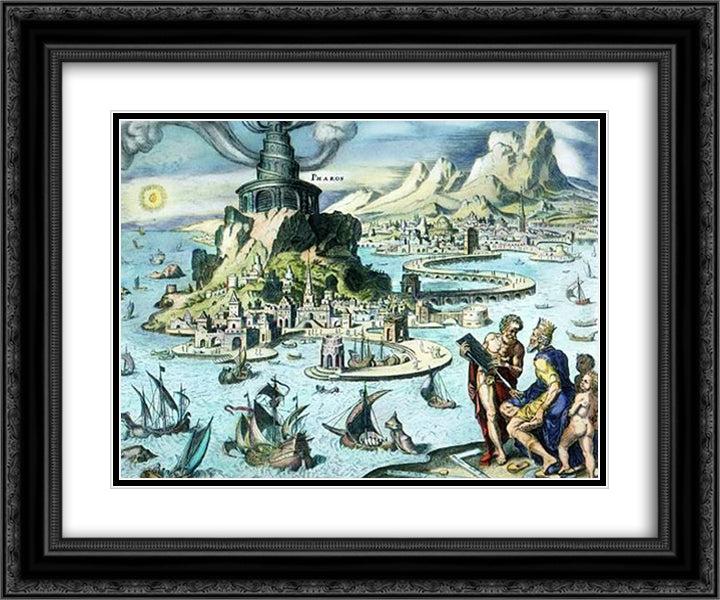 Pharos of Alexandria 24x20 Black Ornate Wood Framed Art Print Poster with Double Matting by van Heemskerck, Maerten