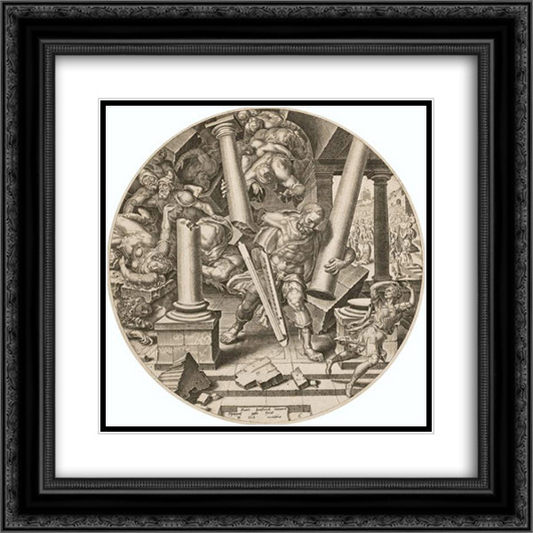 Samson Destroying the Temple of the Philistines 20x20 Black Ornate Wood Framed Art Print Poster with Double Matting by van Heemskerck, Maerten