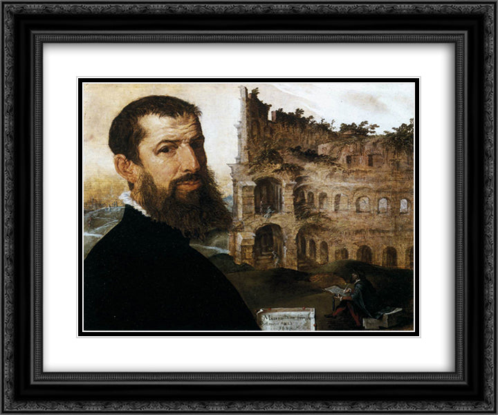 Self-Portrait of the Painter with the Colosseum in the Background 24x20 Black Ornate Wood Framed Art Print Poster with Double Matting by van Heemskerck, Maerten