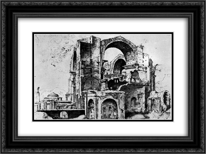 St. Peter's basilica under construction 24x18 Black Ornate Wood Framed Art Print Poster with Double Matting by van Heemskerck, Maerten