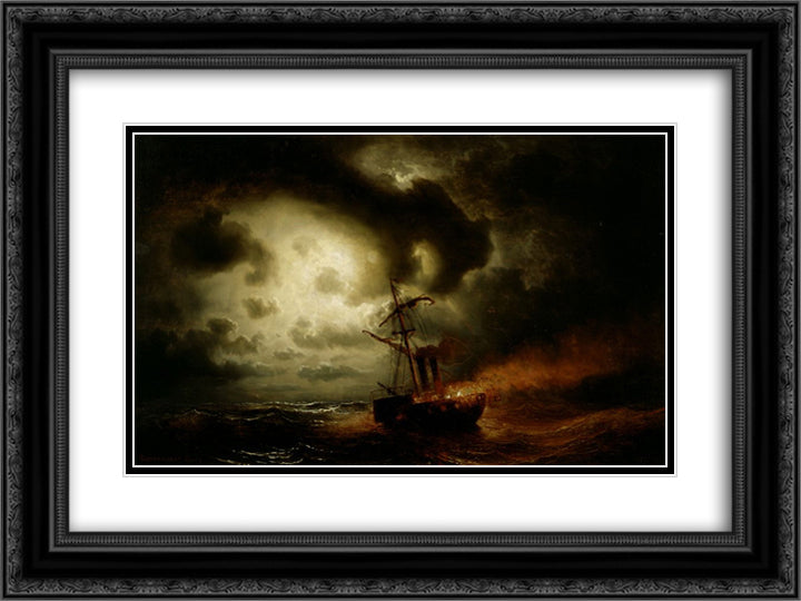 Burning Steamship 24x18 Black Ornate Wood Framed Art Print Poster with Double Matting by Larson, Marcus