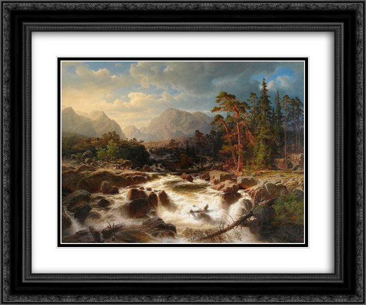 Dramatiskt forslandskap med figurer och kvarnbyggnader 24x20 Black Ornate Wood Framed Art Print Poster with Double Matting by Larson, Marcus