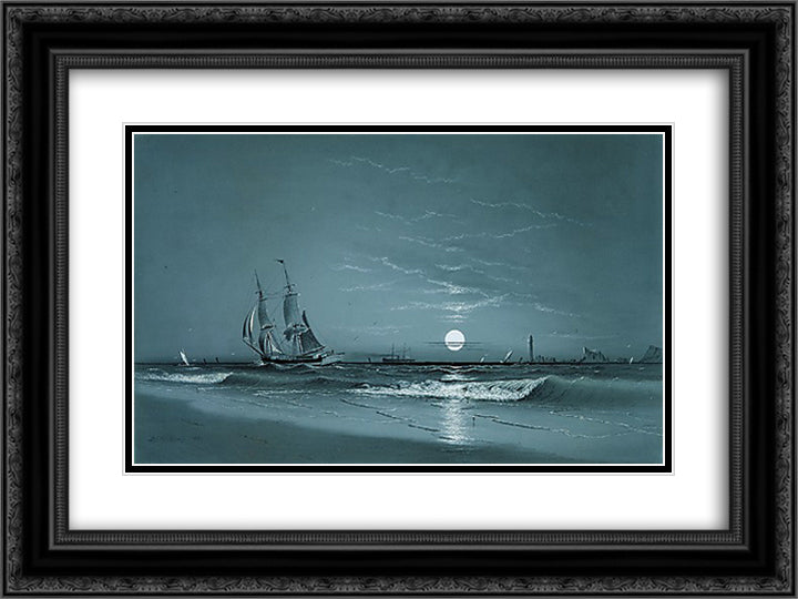 Entrance to harbor, Moonlight 24x18 Black Ornate Wood Framed Art Print Poster with Double Matting by Larson, Marcus