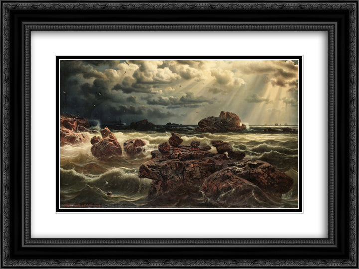 Kustlandskap med fartyg vid horisonten 24x18 Black Ornate Wood Framed Art Print Poster with Double Matting by Larson, Marcus