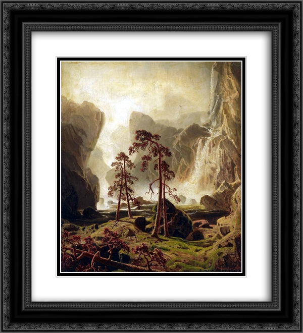 Mountains and a Waterfall 20x22 Black Ornate Wood Framed Art Print Poster with Double Matting by Larson, Marcus