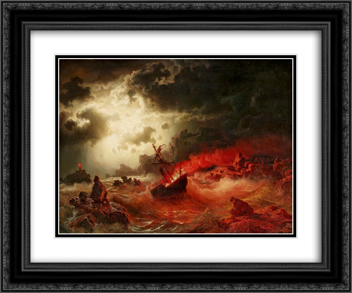 Nattlig marin med brinnande fartyg 24x20 Black Ornate Wood Framed Art Print Poster with Double Matting by Larson, Marcus