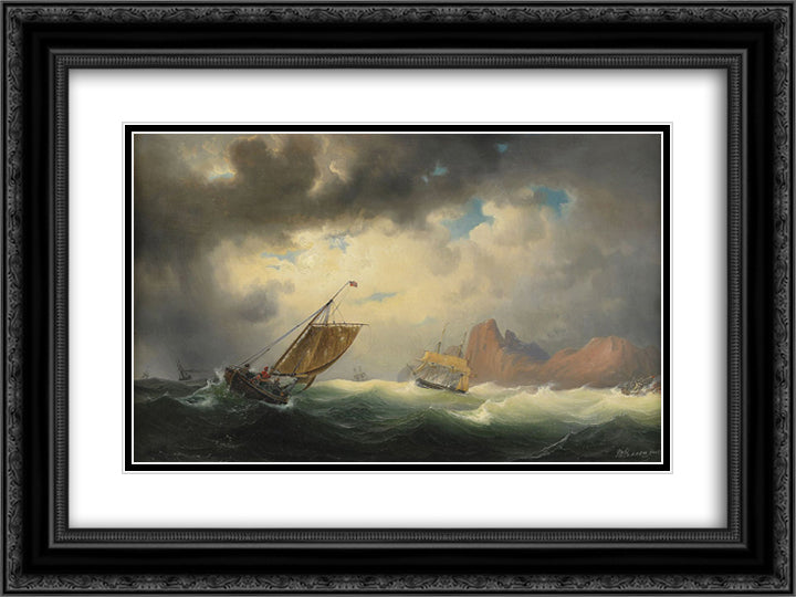 Skepp pa stormigt hav 24x18 Black Ornate Wood Framed Art Print Poster with Double Matting by Larson, Marcus