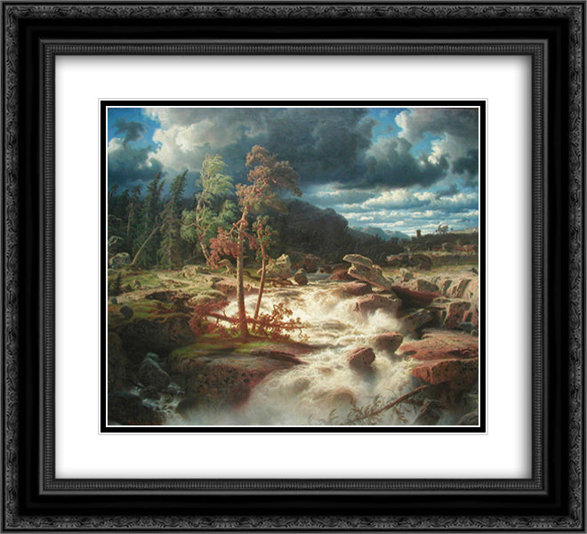 Waterfall in Smaland 22x20 Black Ornate Wood Framed Art Print Poster with Double Matting by Larson, Marcus
