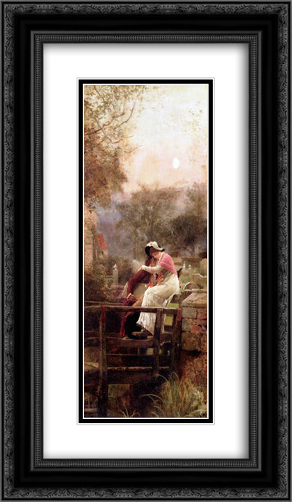 Lovers Embracing by Moonlight 14x24 Black Ornate Wood Framed Art Print Poster with Double Matting by Stone, Marcus
