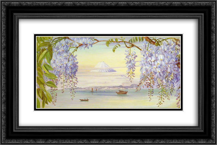 Distant View of Mount Fujiyama, Japan, and Wistaria 24x16 Black Ornate Wood Framed Art Print Poster with Double Matting by North, Marianne
