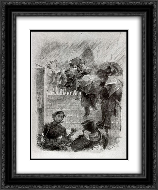 The Umbrellas 20x24 Black Ornate Wood Framed Art Print Poster with Double Matting by Bracquemond, Marie