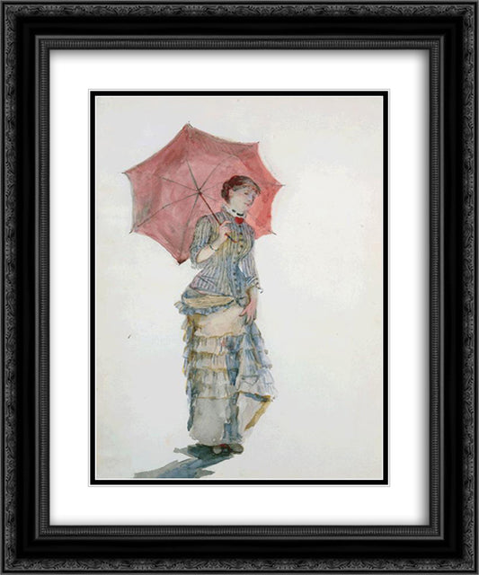 Woman with an Umbrella 20x24 Black Ornate Wood Framed Art Print Poster with Double Matting by Bracquemond, Marie
