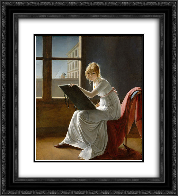 Young Woman Drawing 20x22 Black Ornate Wood Framed Art Print Poster with Double Matting by Villers, Marie Denise