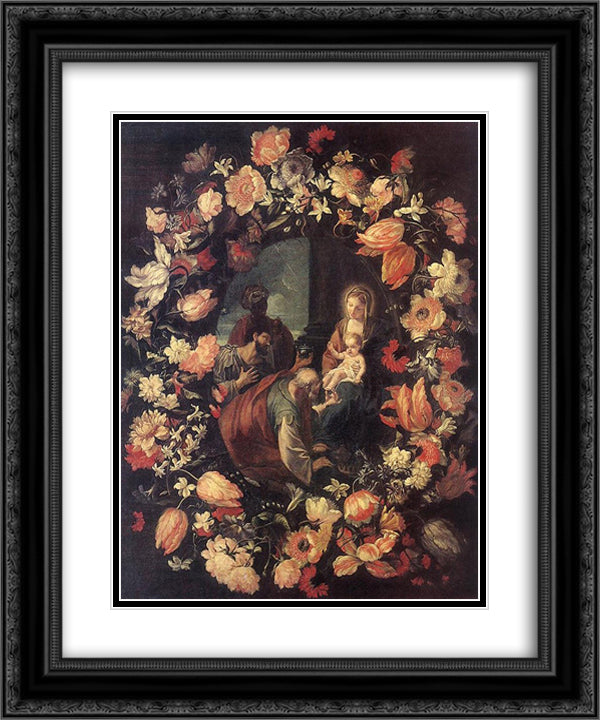 Adoracion de los Magos en una guirnalda de flores 20x24 Black Ornate Wood Framed Art Print Poster with Double Matting by Nuzzi, Mario