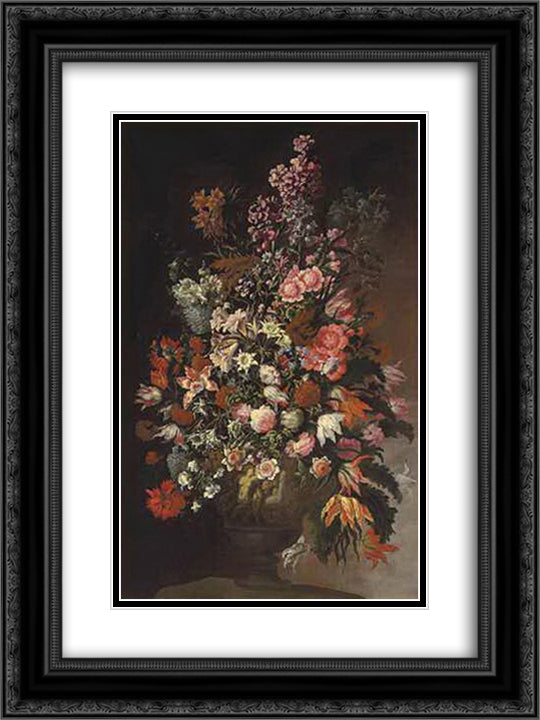 Roses, tulips, chrysanthemums and other flowers, in a sculpted urn, on an earthen bank 18x24 Black Ornate Wood Framed Art Print Poster with Double Matting by Nuzzi, Mario