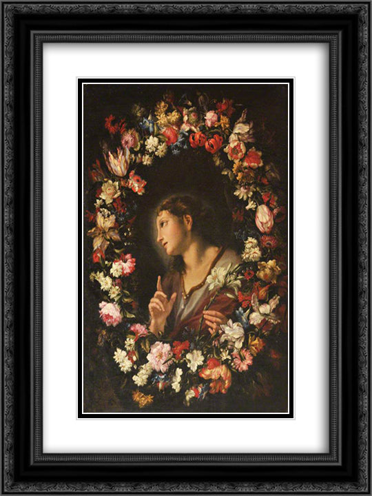 The Angel of the Annunciation in a Garland of Flowers 18x24 Black Ornate Wood Framed Art Print Poster with Double Matting by Nuzzi, Mario