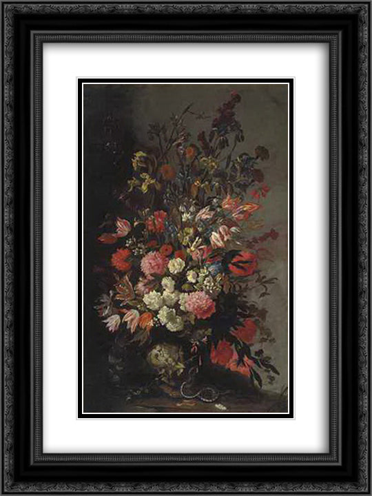 Tulips, lilies, irises and other flowers, in a sculpted urn, with a snake and a moth, on an earthen bank 18x24 Black Ornate Wood Framed Art Print Poster with Double Matting by Nuzzi, Mario