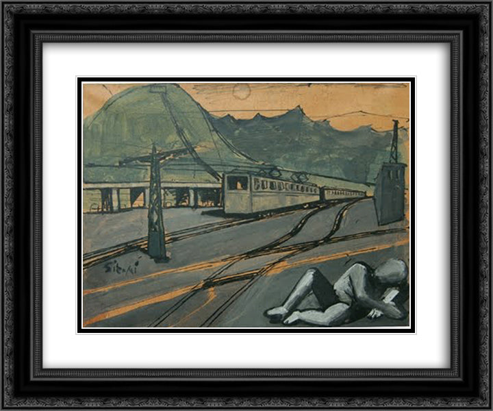 Composition with train and figure 24x20 Black Ornate Wood Framed Art Print Poster with Double Matting by Sironi, Mario