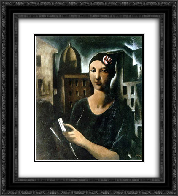 The Beauty Of Sestiere. Woman With Flower 20x22 Black Ornate Wood Framed Art Print Poster with Double Matting by Sironi, Mario