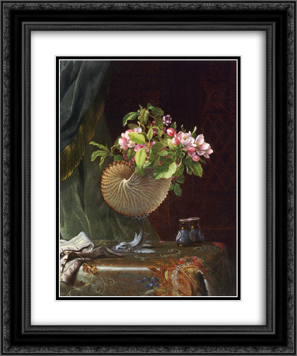 Still Life with Apple Blossoms in a Nautilus Shell 20x24 Black Ornate Wood Framed Art Print Poster with Double Matting by Heade, Martin Johnson