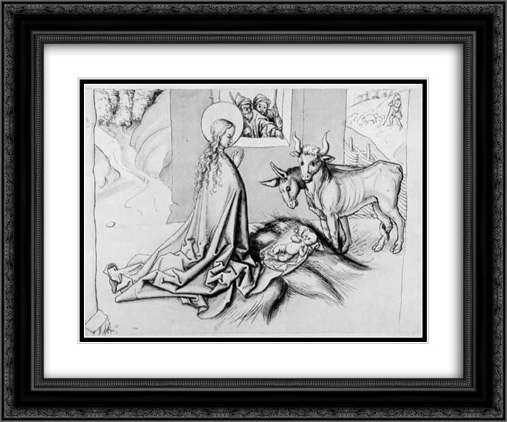 Adoration of the Child 24x20 Black Ornate Wood Framed Art Print Poster with Double Matting by Schongauer, Martin