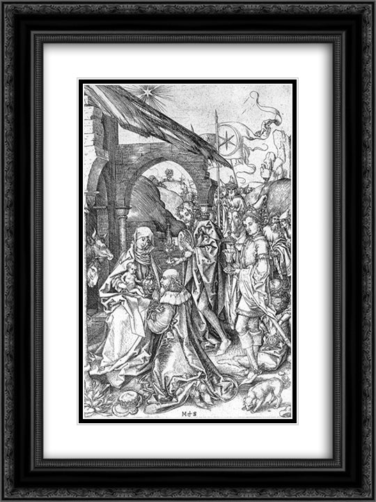 Adoration of the Magi 18x24 Black Ornate Wood Framed Art Print Poster with Double Matting by Schongauer, Martin