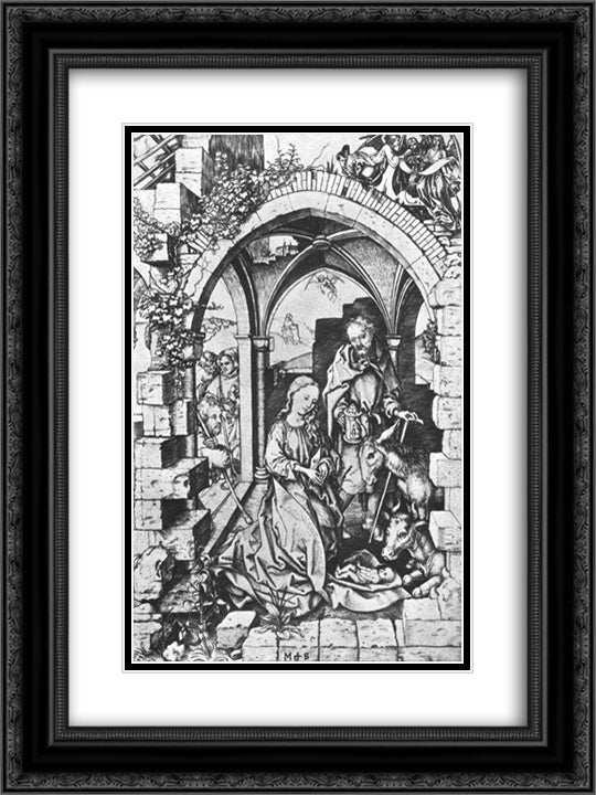 Birth of Jesus 18x24 Black Ornate Wood Framed Art Print Poster with Double Matting by Schongauer, Martin