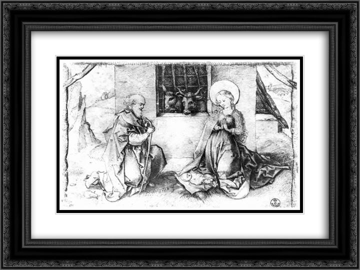 Christ's birth 24x18 Black Ornate Wood Framed Art Print Poster with Double Matting by Schongauer, Martin