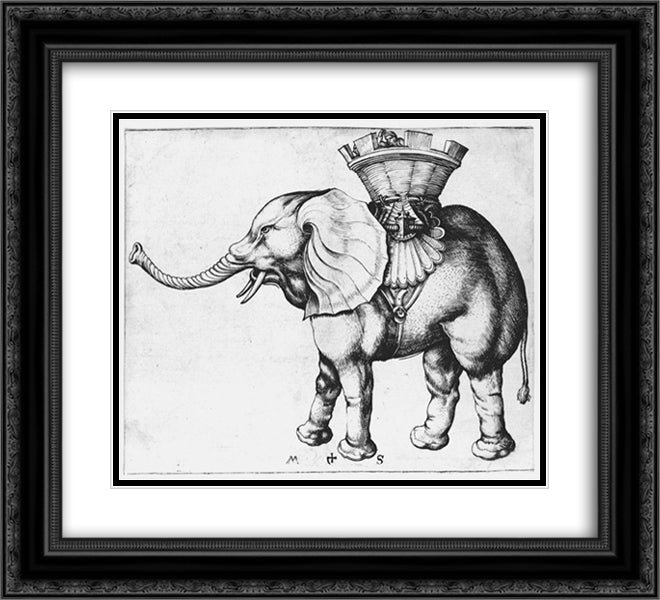 Elefant 22x20 Black Ornate Wood Framed Art Print Poster with Double Matting by Schongauer, Martin
