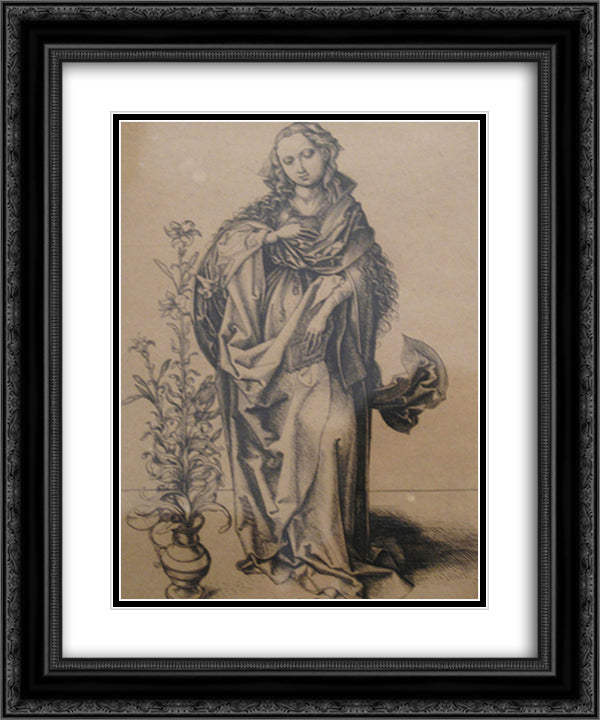 Engraving on copper of the Annunciation 20x24 Black Ornate Wood Framed Art Print Poster with Double Matting by Schongauer, Martin