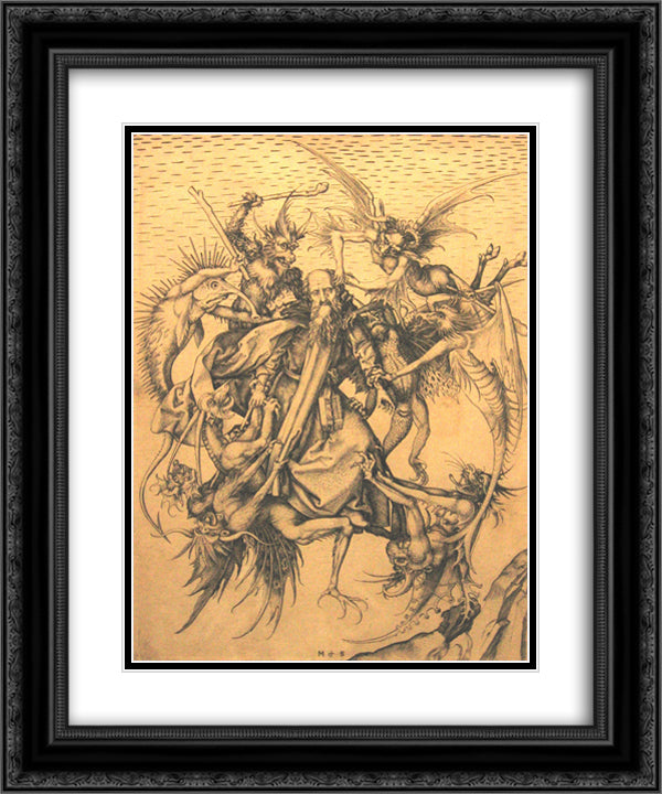 Holy Antonius 20x24 Black Ornate Wood Framed Art Print Poster with Double Matting by Schongauer, Martin