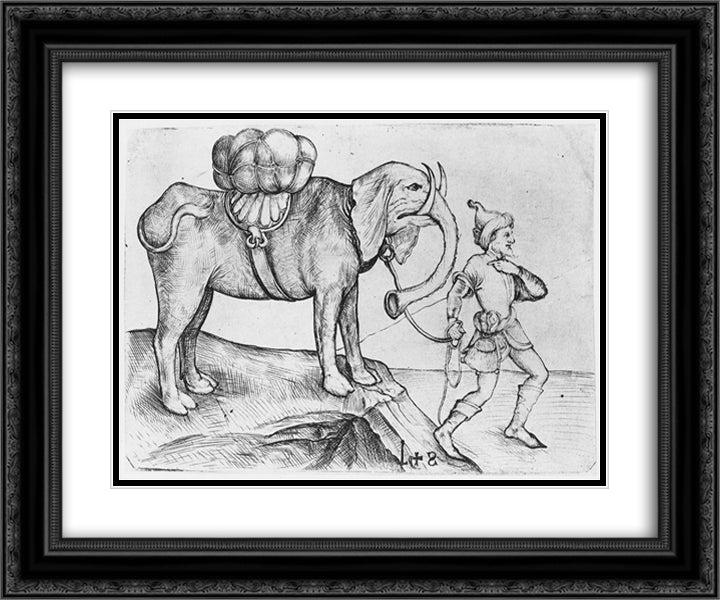 The elephant and his trainer 24x20 Black Ornate Wood Framed Art Print Poster with Double Matting by Schongauer, Martin