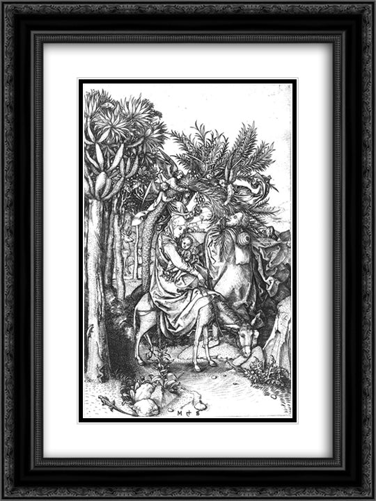 The Flight into Egypt 18x24 Black Ornate Wood Framed Art Print Poster with Double Matting by Schongauer, Martin