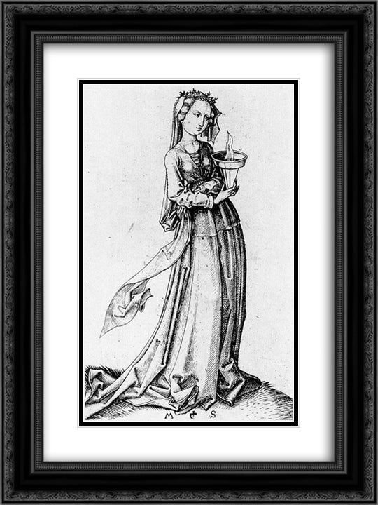 The Fourth Wise Virgin 18x24 Black Ornate Wood Framed Art Print Poster with Double Matting by Schongauer, Martin