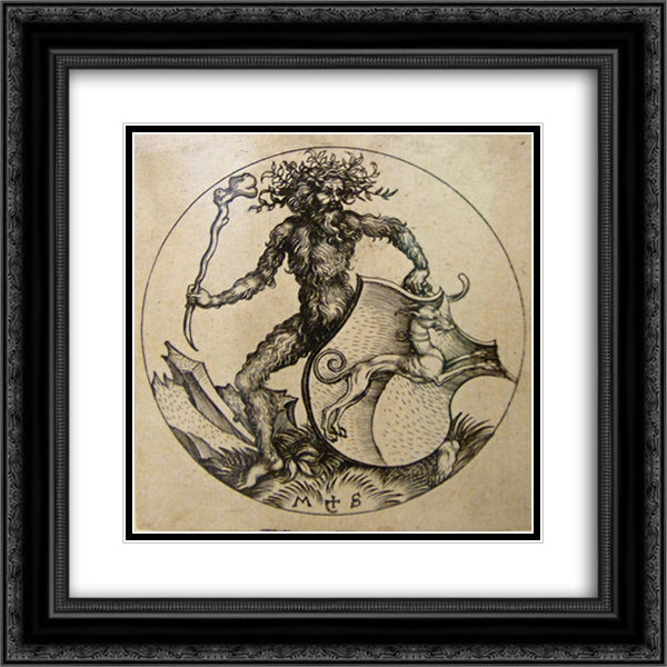 Wild man with shield 20x20 Black Ornate Wood Framed Art Print Poster with Double Matting by Schongauer, Martin
