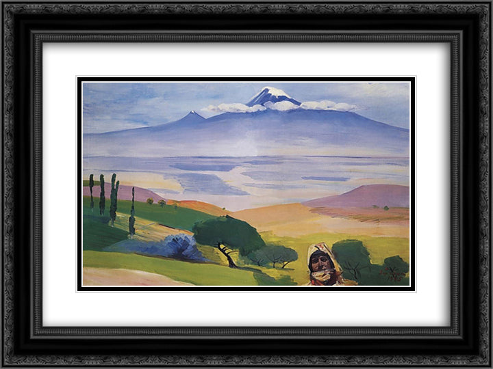 Ararat valley 24x18 Black Ornate Wood Framed Art Print Poster with Double Matting by Saryan, Martiros