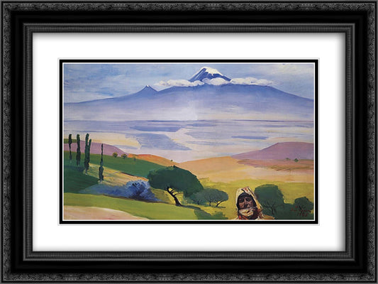 Ararat valley 24x18 Black Ornate Wood Framed Art Print Poster with Double Matting by Saryan, Martiros