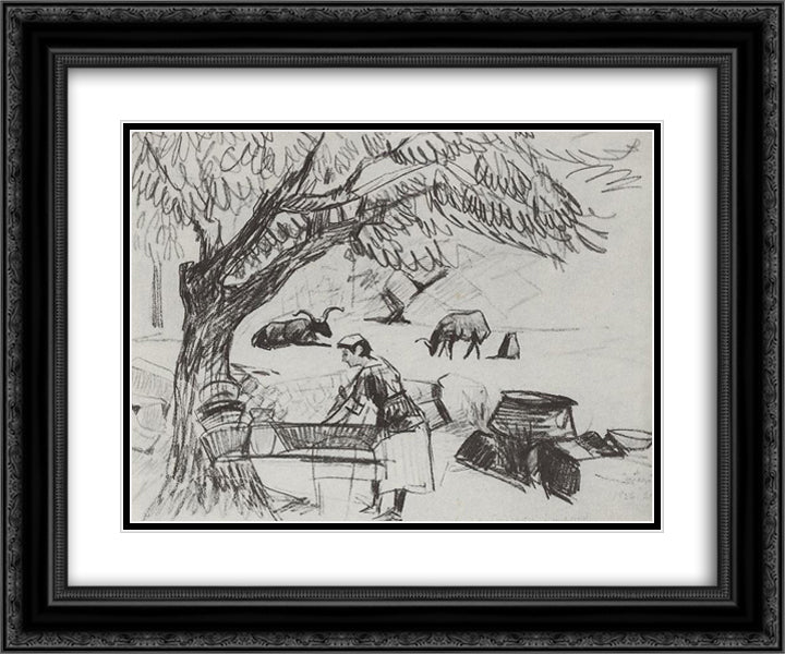 In the garden 24x20 Black Ornate Wood Framed Art Print Poster with Double Matting by Saryan, Martiros