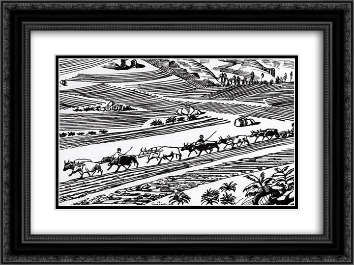 Plowing 24x18 Black Ornate Wood Framed Art Print Poster with Double Matting by Saryan, Martiros