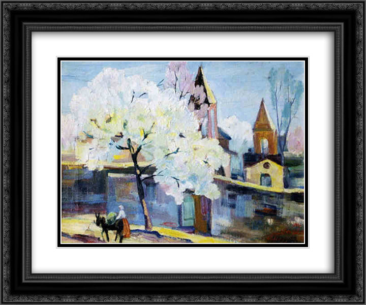 Surb Zoravor Church. Blooming Apricot Tree. 24x20 Black Ornate Wood Framed Art Print Poster with Double Matting by Saryan, Martiros