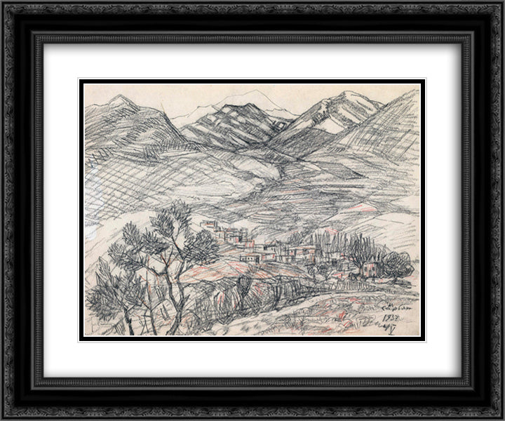 Village at the foot of the mountain 24x20 Black Ornate Wood Framed Art Print Poster with Double Matting by Saryan, Martiros