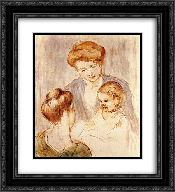 A Baby Smiling at Two Young Women 20x22 Black Ornate Wood Framed Art Print Poster with Double Matting by Cassatt, Mary