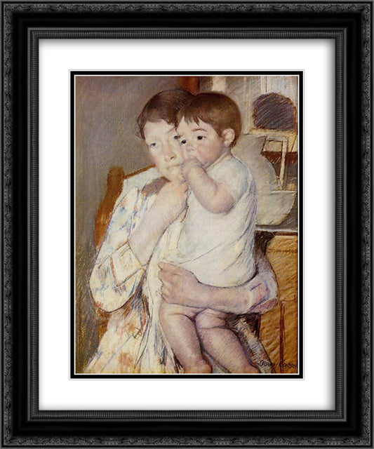 Baby in His Mother`s arms, sucking his finger 20x24 Black Ornate Wood Framed Art Print Poster with Double Matting by Cassatt, Mary