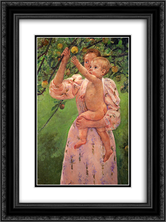 Baby Reaching For An Apple 18x24 Black Ornate Wood Framed Art Print Poster with Double Matting by Cassatt, Mary