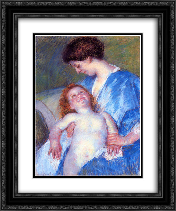 Baby Smiling up at Her Mother 20x24 Black Ornate Wood Framed Art Print Poster with Double Matting by Cassatt, Mary