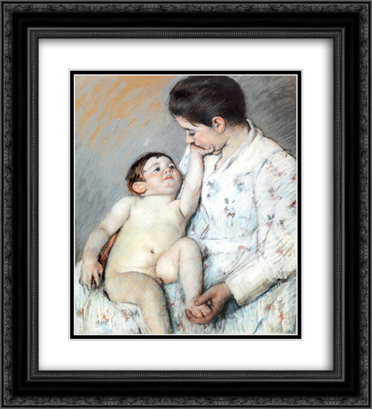 Baby`s First Cess 20x22 Black Ornate Wood Framed Art Print Poster with Double Matting by Cassatt, Mary