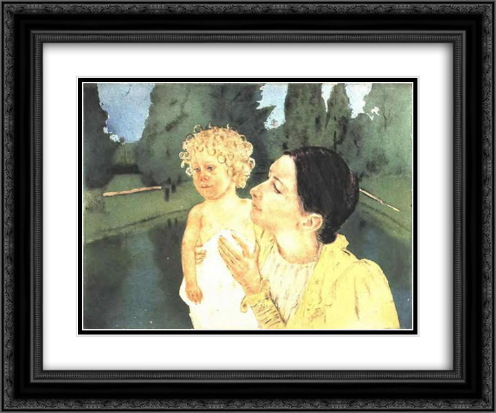 By the Pond 24x20 Black Ornate Wood Framed Art Print Poster with Double Matting by Cassatt, Mary