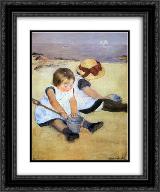 Children Playing On The Beach 20x24 Black Ornate Wood Framed Art Print Poster with Double Matting by Cassatt, Mary