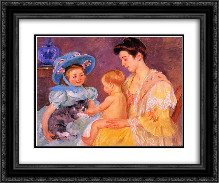 Children Playing with a Cat 24x20 Black Ornate Wood Framed Art Print Poster with Double Matting by Cassatt, Mary