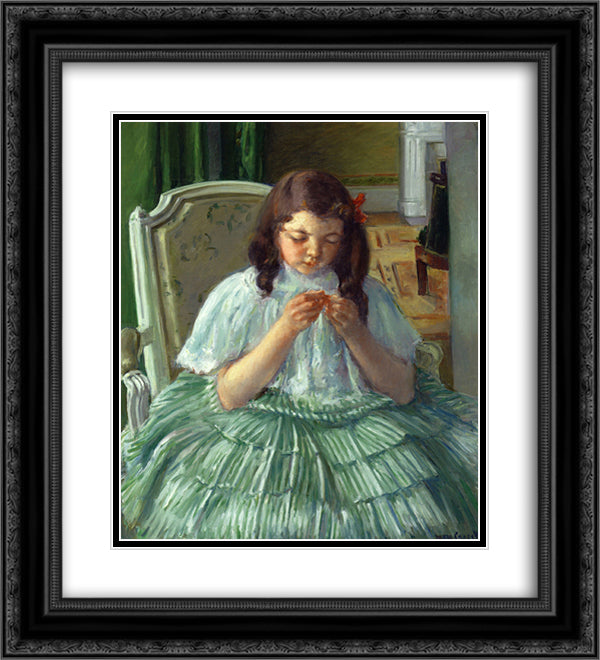 Francoise in Green, Sewing 20x22 Black Ornate Wood Framed Art Print Poster with Double Matting by Cassatt, Mary